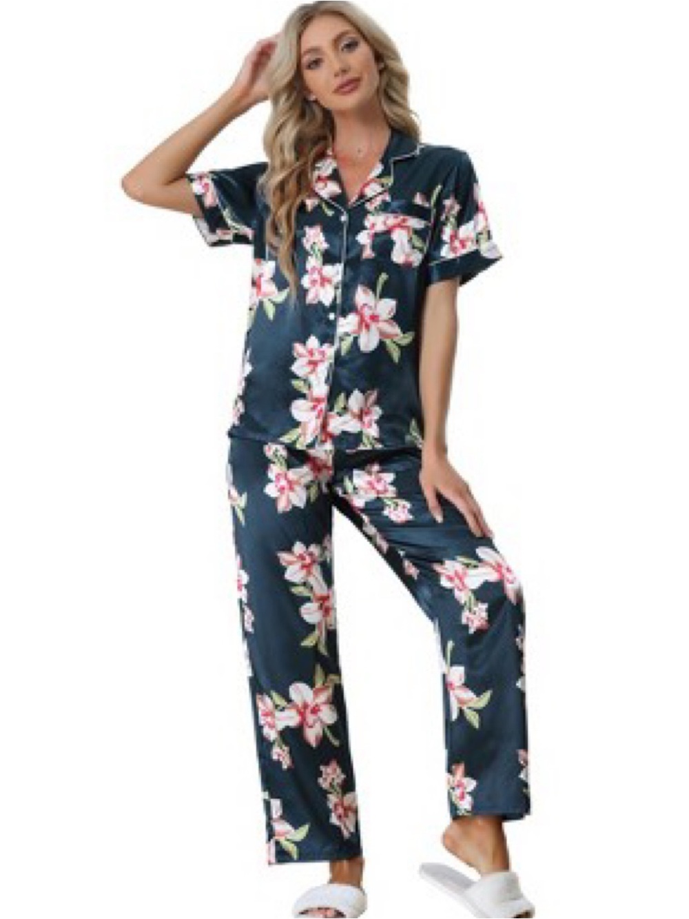 Cheibear Deep Blue Floral Satin Pajama Set • NWT